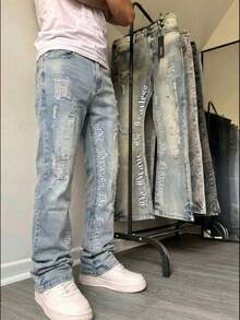 Jeans acampanados bordados, jeans slim fit para hombres con letras bordadas, jeans acampanados desgastados, jeans apilados Y2K, jeans bordados con lavado a contraste, aptos para todas las estaciones - Azul - Ver 3