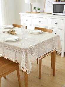 HXARTMIS 1 Pc, American Country Vintage Knitted Tablecloth With Tassel & Hollow-Out Design. White Tablecloth, Beige Dacron Tablecloth. Tablecloth, Birthday Tablecloth, White Tablecloth, Baptism Tablecloth, Pink Tablecloth, Stain-Resistant Tablecloth, Furniture Doilies, Living Room Rug, Kitchen Plastic Tablecloth, Round Tablecloth, Square Tablecloth - Beige - View 10