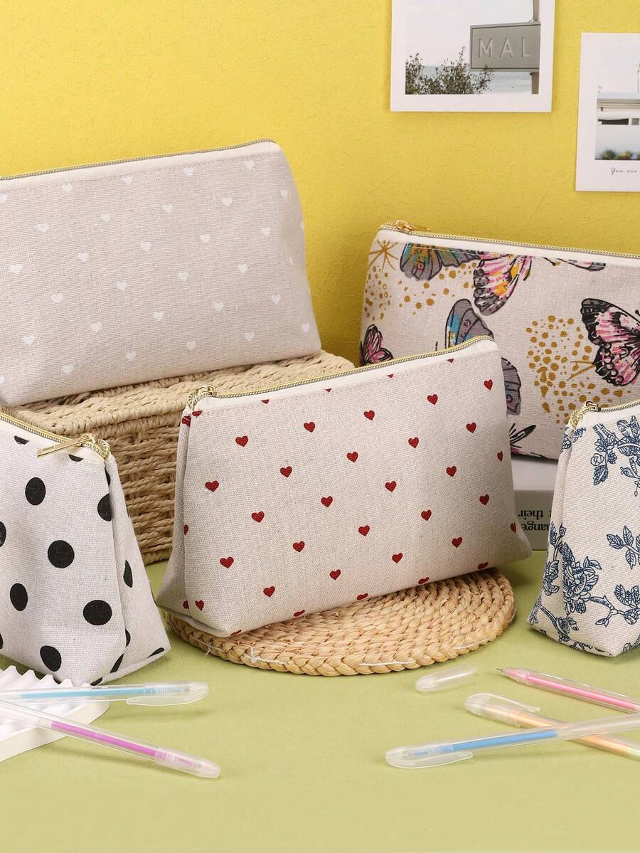 1pc Stylish And Practical Triangular Makeup Bag Is Made Of Linen, Offers Ample Space, And Features A Smooth Rose Gold Nylon Zipper And A Reusable Polyester Lining. Perfect For School And Office Use, It Can Also Be Used As A Travel Organizer Or Beach Bag , Makeup Room Décor - Multicolor - View 1