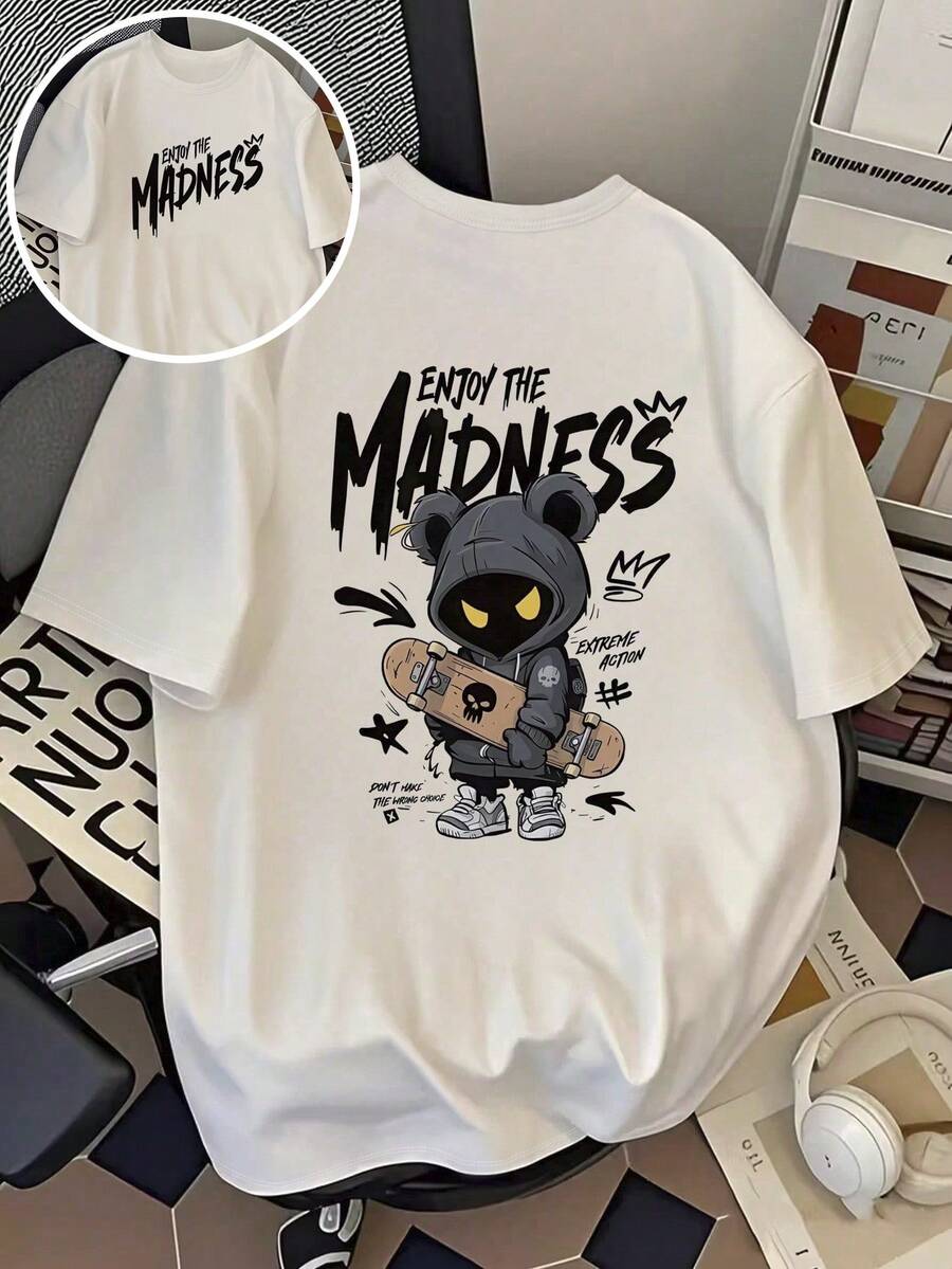 Men's "Enjoy The Madness" Graphic Streetwear T-Shirt - Summer Round Neck Casual Top With Edgy Bear And Skateboard Print, Perfect For Street Fashion And Skateboarding Culture. - White - View 1