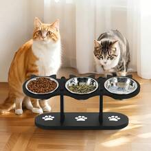 15° Tilted Stainless Steel Cat Bowl, 3-Tier Adjustable Pet Feeder With 3 Stainless Steel Bowls, Anti-Spill Black Wooden Base, Measuring Pet Food Scoop, Suitable For Cats And Small Dogs - 680ML - View 9