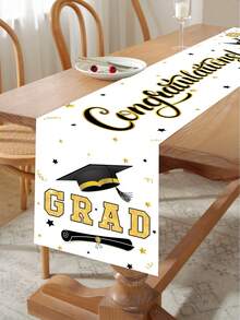 1pc Graduation Celebration Party Tablecloth, White Congratulations Graduate Black Gold Mortarboard Pattern Table Runner, 2026 Graduation Tablecloth Tabletop Decor, Graduation Party 2026 Restaurant Table Decor, Home Decor, Graduation Party Supplies, Graduation Theme Table Runner, Party Favors, Photography Props - Platinum Graduation Cap - View 6