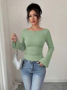 Women's Spring Fall Long Sleeve Shirts Crop Going Out Tops Casual Boat Neck Bell Sleeve Ribbed Ruched Y2K Clothes - Light Green - View 7