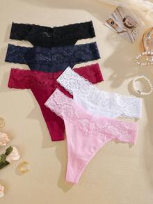 6pcs/Set Women's Lace Patchwork Low Waist High Cut Thin Sexy Thong Panties - Multicolor - View 2