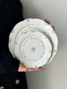 1pc French Vintage Lace Embossed Blue Snowflake Ceramic Plate & Creamer, Suitable For Home, Restaurant, Afternoon Tea, Dessert, Western Dining, Elegant Gift For Friends And Classmates - Multicolor - View 2