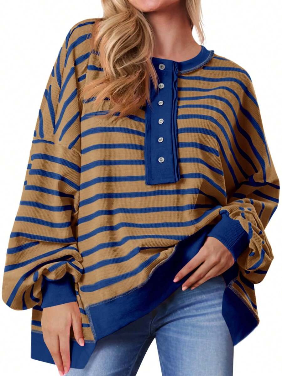 Womens Loose Fit Striped Henley Waffle Knit Pullover Casual Sweatshirt Tops - 咖色 - 查看 1