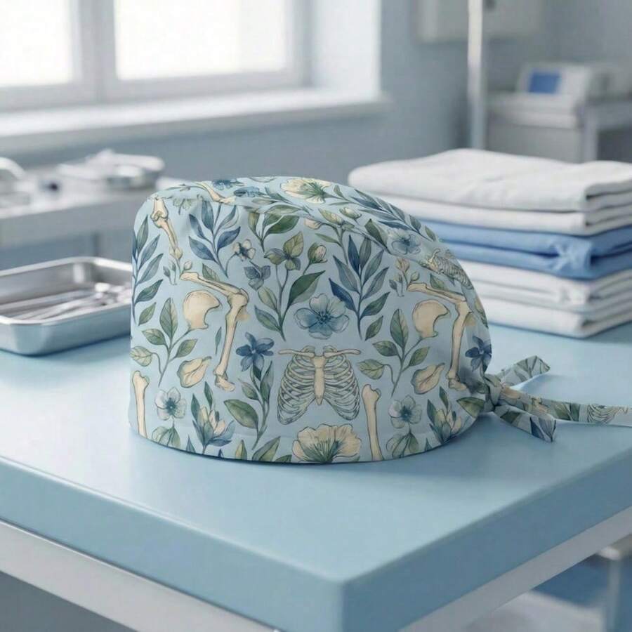 Blue Floral Skeleton Scrub Cap: Cotton Orthopedic Surgical Hat With Rib Cage Pattern,Suitable For Both Men And Women,Working Cap Scrub Cap With Sweatband Adjustable Unisex Women Tie Back Hat Nurse Surgical Caps,Suitable For Protection Against Wind Outdoors, Surgical Procedures, Healthcare Workers, And Fashion Styling; Also Suitable For Everyday Headscarf Wear. - 預設 - 查看 1