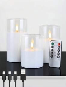 3pcs Rechargeable LED Electronic Candles, (Battery Included), With USB Charging Cable, Suitable For Holidays, Weddings, Gifts, Fireplace, Home Decor - Transparent - View 2