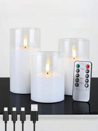 3支装可充电LED电子蜡烛，蜡烛加热器，蜡烛灯，3D闪烁火焰电池供电蜡烛（含电池），配有USB充电线，适用于节日、婚礼、礼品、壁炉、家居装饰（透明，3英寸 x 4英寸 x 5英寸 x 6英寸）