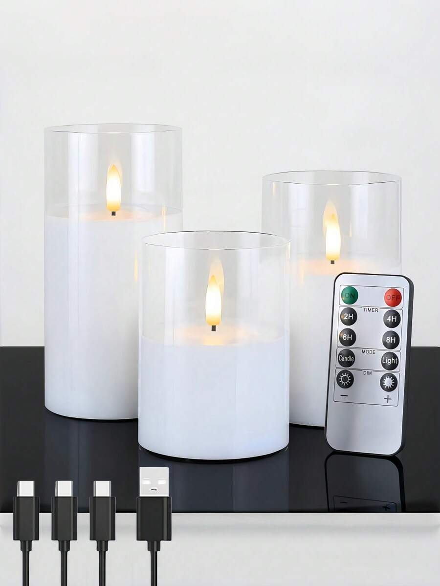 3pcs Rechargeable LED Electronic Candles, (Battery Included), With USB Charging Cable, Suitable For Holidays, Weddings, Gifts, Fireplace, Home Decor