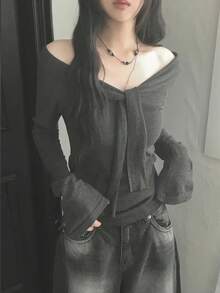 Retro Korean Style Bow Tie Shoulder Twist Knit Long Sleeve T-Shirt, Versatile & Slimming - Grey - View 6