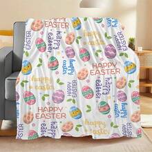 Easter-Themed Flannel Blanket With Pastel Colors & Easter Bunny, Chicks, Eggs, Bunny Ears & Easter Bunny Face - Soft All-Season Throw For Sofa, Bed - 白色 - 查看 5