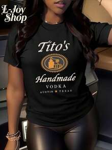 100% Cotton Oversize Style T-Shirt For Women, Tito Shirt Tito'S Handmade Vodka Digital Print Tshirt, Comfortable Cotton Material, Skin Friendly, Soft And Cool, Women's T-Shirt Clothing - Black - View 1