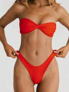 Womens Bandeau Bikini Sets Strapless Two Piece Swimsuit Y2K High Cut Cheeky Swimsuit Teen Girls Twisted Ruched Bathing Suit - Đỏ - Xem 2