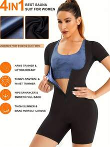 1pc Women's Sauna Suit Short Sleeve Jumpsuit, Full Body Sweat Inducing Fitness Shapewear, Zipper Design, High Elasticity Body Shaping, Gym Sweat Enhancing Tool - Blue - View 3