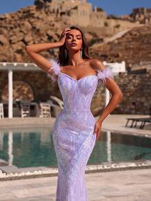 ADYCE 高领露背派对礼服，饰以人造羽毛和珠绣，短袖设计，优雅正式，适合晚宴、婚礼、毕业典礼、正式晚宴等场合，也可作为亮片复活节礼服穿着。 - 紫色 - 查看 6