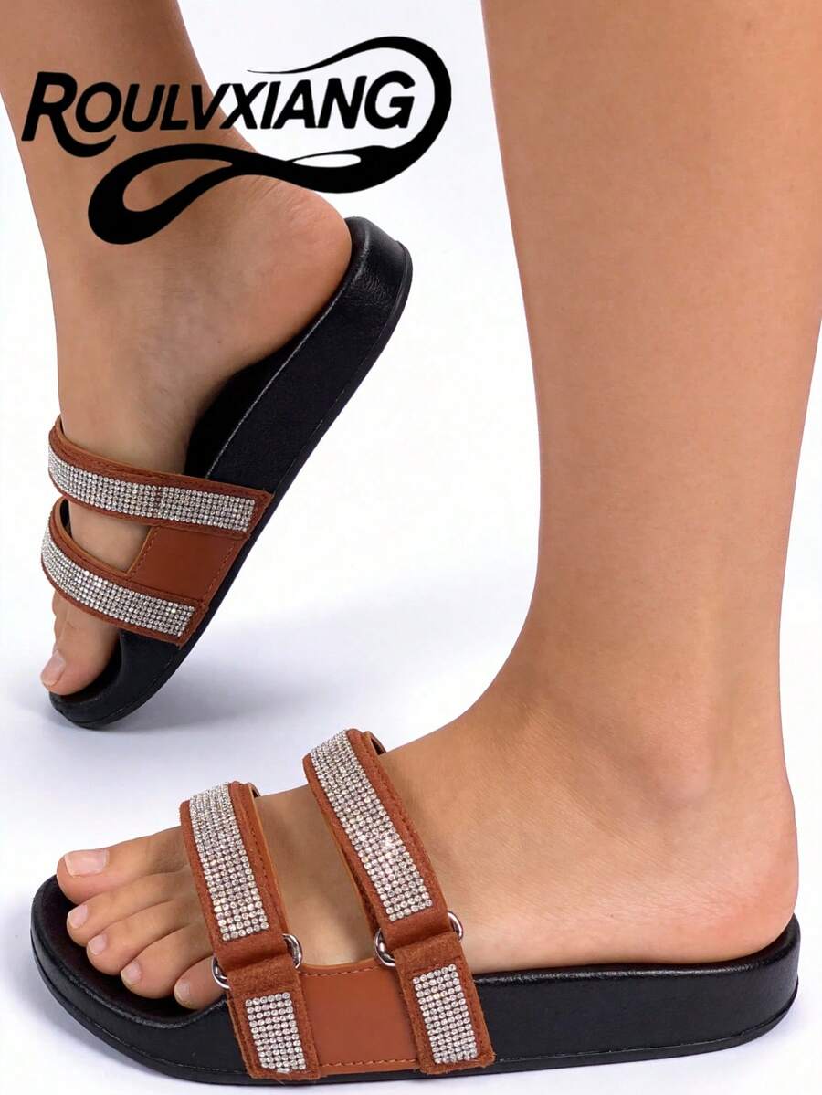 roulvxiang Dép lê mới màu đen, nâu, mơ với họa tiết trái tim, ngôi sao năm cánh, chấm bi, khóa kim loại, kiểu dáng thường ngày trong nhà/ngoài trời, đi biển, dép đế bằng chống thấm nước đính đá lấp lánh dành cho nữ. - màu nâu - Xem 1