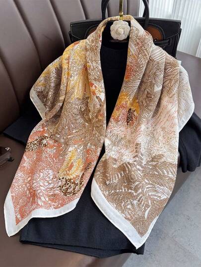 1条复古链条90厘米印花大号亚麻披肩，春夏百搭围巾/披肩，秋冬保暖格子头巾/披肩。