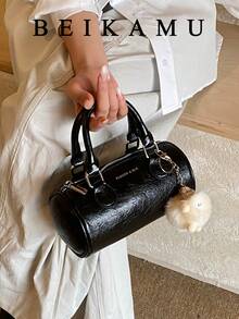 New Glossy Black Boston Pillow Bag, Detachable Strap Handbag & Shoulder Bag, Chic & Versatile For Commuting, Quality Women Bag - Black - View 4