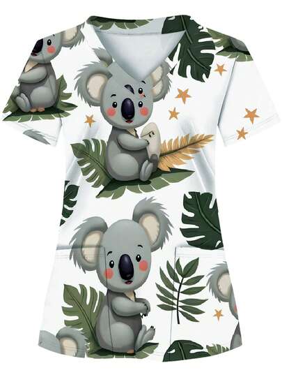 ملابس علوية طبية مطبوعة بالكامل على قاعدة بيضاء مع جيبين، ملابس موحدة للنساء، زي ممرضة، زي عيادة طب الأسنان، ملابس علوية طبي، ملابس علوية تمريض قصيرة الأكمام، قماش مُحبك مع جيوب، مناسب لجميع الفصول