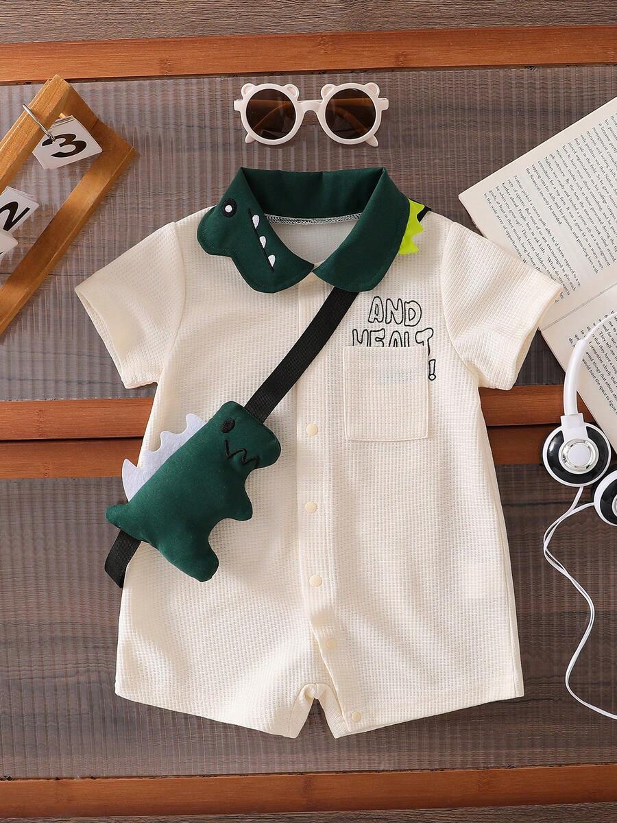 Romper Lengan Pendek Musim Panas untuk Bayi Laki-laki, Desain Dinosaurus Lucu, Paduan Warna Kontras, Menggemaskan dan Modis, Kain Lembut dan Nyaman, Mudah Dipakai dan Dilepas, Cocok untuk Aktivitas Sehari-hari, Pemotretan - Aprikot - View 1