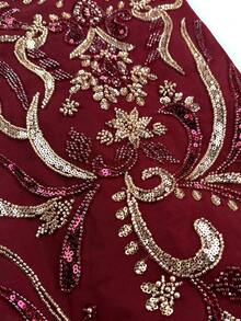 UNITHORSE Women's [Random Cut] Stand Collar Batwing Sleeve Long Luxury High-End Elegant Sequin Lace Patchwork Matte Satin Women Sleepwear Dress - Burgundy - View 9