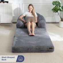 MAXYOYO Folding Sofa Bed, 2 In 1 Convertible Sofa To Lounger Comfy Single Bean Bag Chair For Adults, Floor Sleeper Couch With Handle, Faux Fur Couch Bed For Living Room Bedroom, Beige - 灰色 - 查看 9
