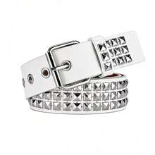 1PC Street Fashion Punk Style Studded Denim Pants With Belt And Skirt Belt, Perfect For Valentine's Day, Summer, School, Autumn, And Halloween - 白色 - 查看 8