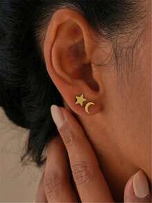 2pcs Copper Star & Moon Stud Earrings For Women, Daily Wear Gold Color Earrings, Ramadan Accessories - Amarillo Oro - Ver 2