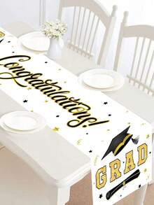 1pc Graduation Celebration Party Tablecloth, White Congratulations Graduate Black Gold Mortarboard Pattern Table Runner, 2026 Graduation Tablecloth Tabletop Decor, Graduation Party 2026 Restaurant Table Decor, Home Decor, Graduation Party Supplies, Graduation Theme Table Runner, Party Favors, Photography Props - Platinum Graduation Cap - View 7