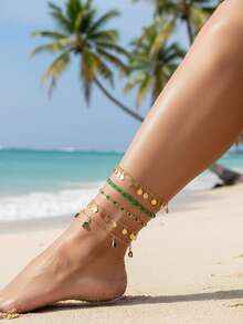 imoli 5pcs/Set Fashionable Braided Detail Rhinestone Decor Round Charm Anklet For Women For Dating Gift - Green - View 4