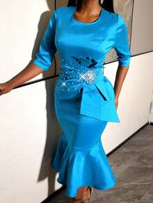 Women's Elegant Blue Mermaid Bodycon Dress, Ruched Design, Waist Decorated With Rhinestones, Ruffle Trim, Suitable For Cocktail Parties And Formal Occasions - 藍色 - 查看 10
