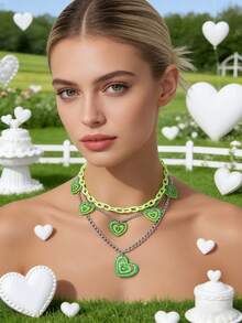 1pc Multi-Layer Heart Print Necklace, Rose Red - Blue - View 9