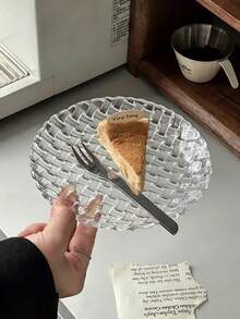 1pc Creative High-End Woven Texture Glass Round Plate, Elegant Transparent Breakfast/Fruit/Dessert Serving Tray - Clear - View 6