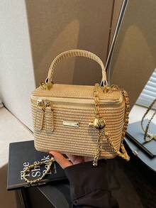 1-Piece New Style Simple Casual Versatile Woven Straw Bag Lunch Box Small Bag Chain Shoulder Messenger Bag Holiday Season Hot Small Bag Shoulder Messenger Bag,Vacay Vibes,Beachweekend,Utilitarian Chic - Khaki - View 3