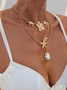 4pcs/Set Ocean Holiday Geometric Delicate Chain Inlaid Faux Pearl Waterdrop, Starfish, Flower Pendant Charm Necklace, Luxurious & Elegant, Suitable For Wedding, Party, Vacation, Casual, Street Style, Women & Couples, Holiday & Birthday Gift - Necklace - View 3