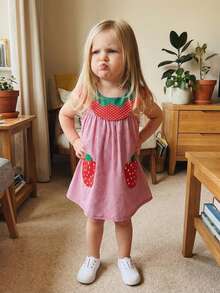 Toddler Baby Girls Plaid Dress Fashionable Strawberry Embroidery A Line Tank Dress - Red - View 2