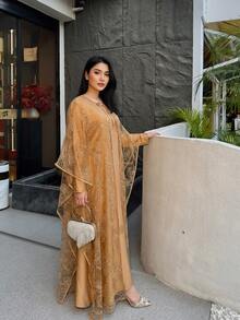 2 Potong Set Abaya Berpayet dan Renda, Gaun Renda, Gaun Mode Timur Tengah, Gaun Renda Lengan Kupu-kupu untuk Musim Semi dan Gugur - Unta - View 4