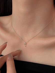 1pc S925 Sterling Silver Line Cross Pendant Necklace, Minimalist & Fresh Style Delicate Mini Pendant Clavicle Chain Gift For Women - Cross - View 4