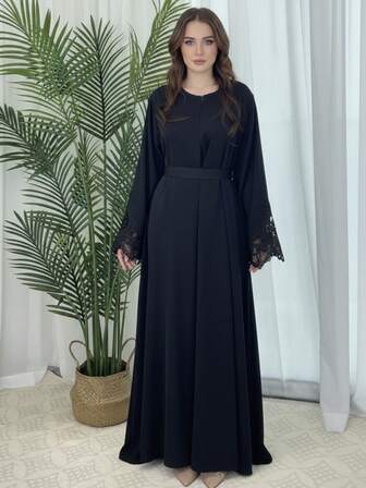 1 peça moda feminina linha A com punho de renda árabe tradicional cor sólida vestido casual Eid robe jalabeya