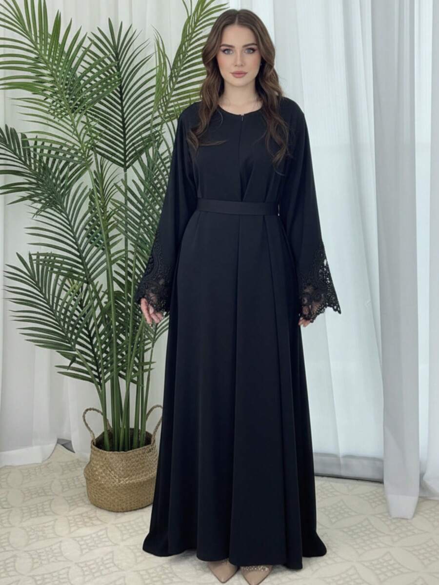 1 Piece Fashion Ladies A-Line Cuff Lace Arabic Traditional Solid Color Casual Dress Jalabeya Robe Spring Black - Black - View 1