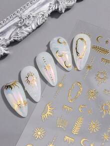 2张烫印美甲贴纸，星月图腾太阳系Y2K金银色太阳图案，背胶DIY美甲贴花 - 彩色 - 查看 6