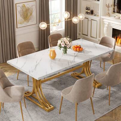 Tavolo da Pranzo Moderno Bianco con Superficie in Marmo, 160 x 80 cm