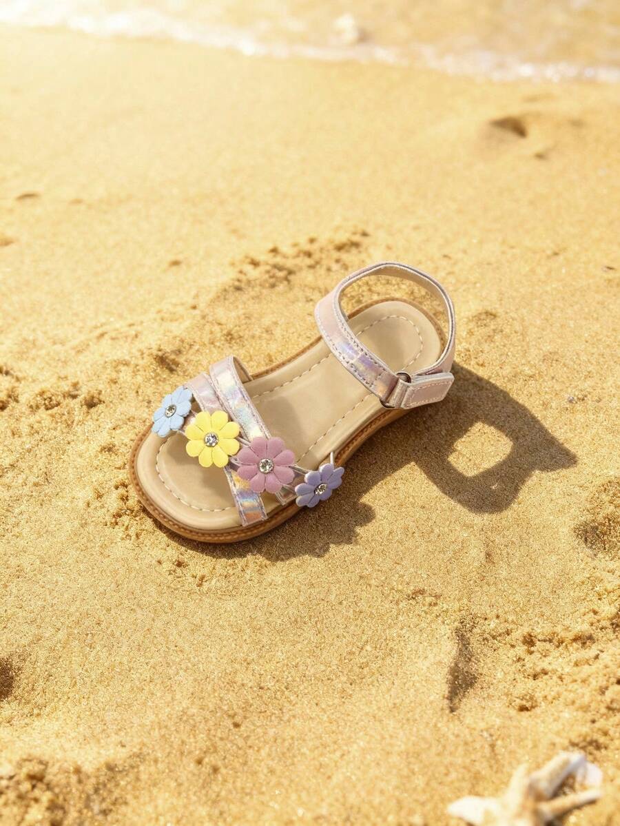 1 Pair Girls' Flower Decor Open Toe Flat Sandals, Adjustable Buckle Closure, Cute Summer Shoes - Pink - View 1