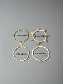 4pcs/Set Boho Beach Style Resin Seashell, Starfish & Glass Beaded Anklet Jewelry Set, Suitable As Vacation Gift For Women - 31011-ank-white-eP - View 3