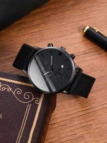 LIANDU LIANDU 1 Set Men's Casual Sports Quartz Watch With Calendar Function, Round Roman Numeral Dial, Punk Style Woven Strap, Suitable For Daily Wear, Ideal Birthday Gift For Friends, No Gift Box - Black - View 4