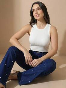 pthirillo Women's Dark Blue Flare Jeans With Butt-Lifting, High Waist, And Rhinestone Detail - Premium Rhinestone Jeans - 水鑽圓點 - 查看 3
