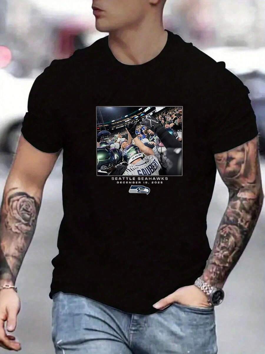 Men's SeattleSeahawks Fan Graphic Tee ,Seahawks Football T-Shirt, Cool Popular, Fashion, Gift For Football Fan, Men'S And Women's Graphic T-Shirt,Casual Sport Attire - Machine Washable, Seahawks Gift For Men - 黑色15 - 查看 1