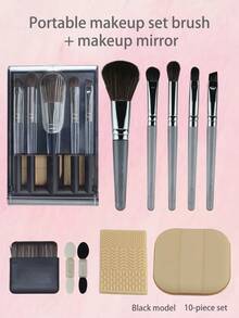 10pcs Portable Multifunctional Makeup Brush Set With Makeup Mirror, ABS Storage Box, Comfortable Soft-Touch Handle, Flexible Fiber Bristles, Suitable For Outdoor, Travel, Party, Easy To Carry And Store,Giveaways - Multicolor - View 2