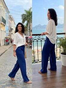 Simples    Bolso  Cintura contrastada  Zíper    Casa - Azul Marinho - Visão 3